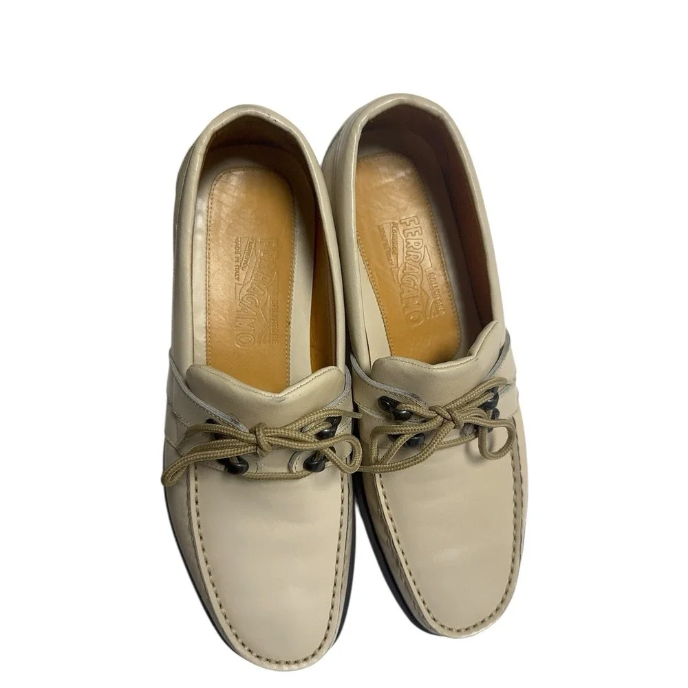 Salvatore Ferragamo Beige Leather Driver‎ Loafers Men's 8 US Made in Italy